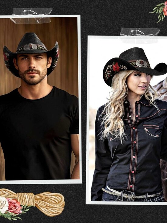 Women\'s Black Straw Western Embroidered Imported Canvas Paper Cowgirl Hat main image 5
